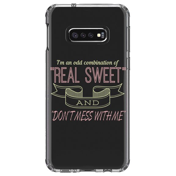 DistinctInk Clear Shockproof Hybrid Case for Samsung Galaxy S10e (5.8" Screen) - TPU Bumper Acrylic Back Tempered Glass Screen Protector - Odd Combination Real Sweet & Don't Mess With Me