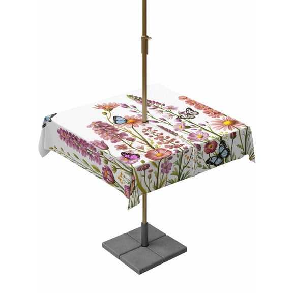 Outdoor Tablecloths with Umbrella Hole & Zipper, Spring Floral 54x54 Inch Square Tablecloths, Watercolor Lavender Daisy Butterflies Botanical Waterproof Table Cloth, Patio/Pool/Picnic Table Covers