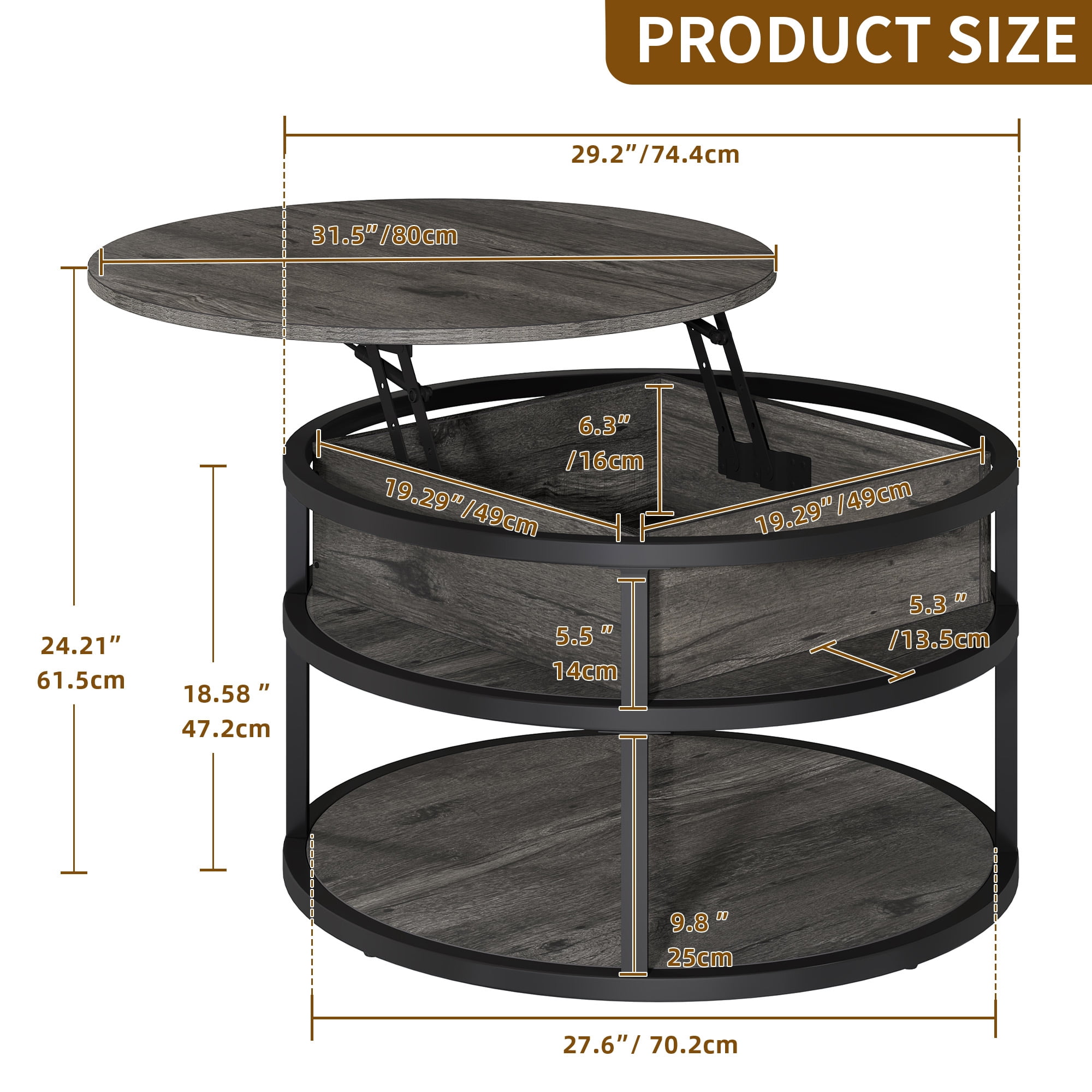 Uforic 3-Tier Lift Top Round Coffee Table with Hidden Storage, Gray