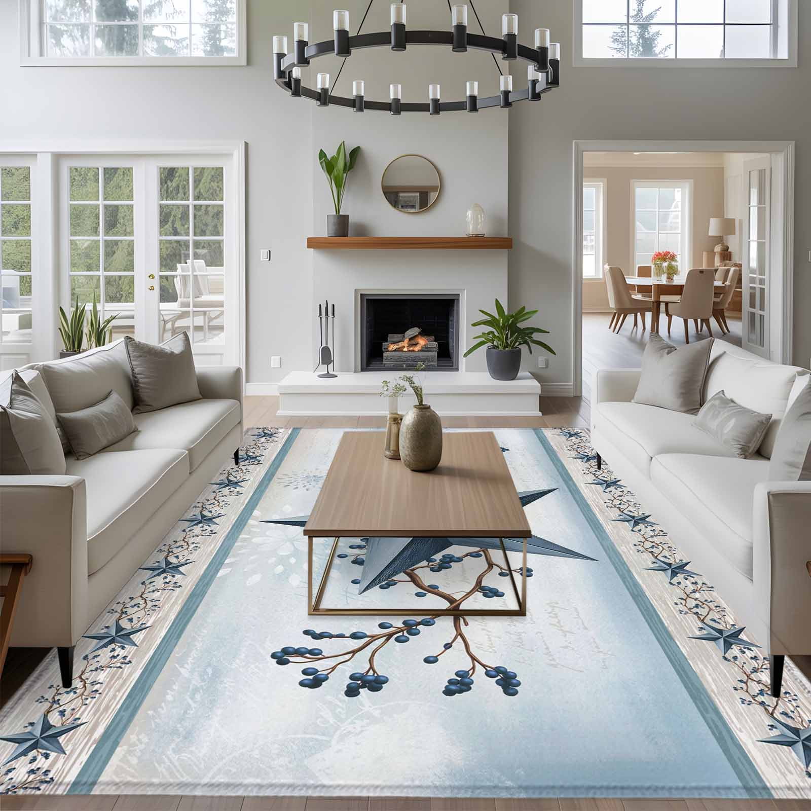 Blue Texas Star 8x10 Area Rug for Living Room Sectional Sofa Vintage Star Berry Blue Fireworks Background Washable Non Slip Large Rectangle Area Rug