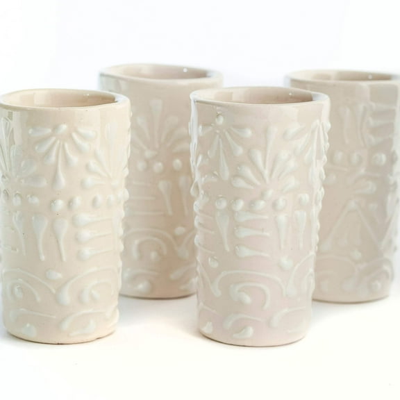 MEXTEQUIL Handmade Ceramic Talavera Shot Glasses, 2 oz, Set of 4, White Lace
