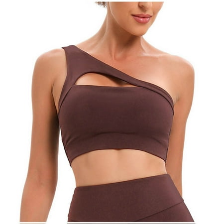 Mrasaso Free Shipping! Workout Sets for Women Women Nylon Sports Bra Fashion Women s Solid Color Wireless Shoulder Hollow Back Chest Cushion Yoga Sports Bra(1pc Underwear) Brown|M
