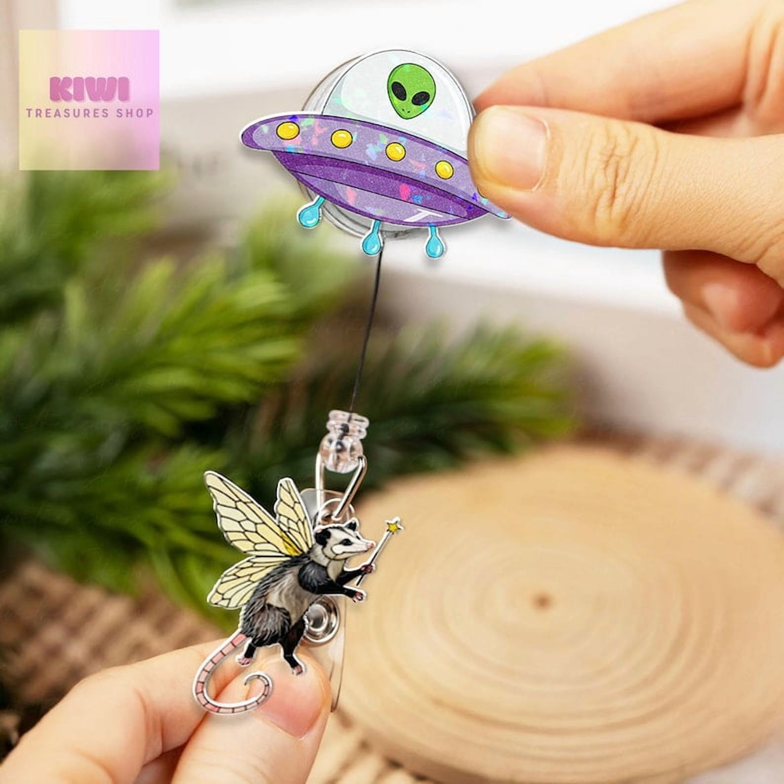 TiniDecor Alien UFO Possum Badge Reel, Retractable Acrylic ID Holder, Cute Gift for Healthcare Workers