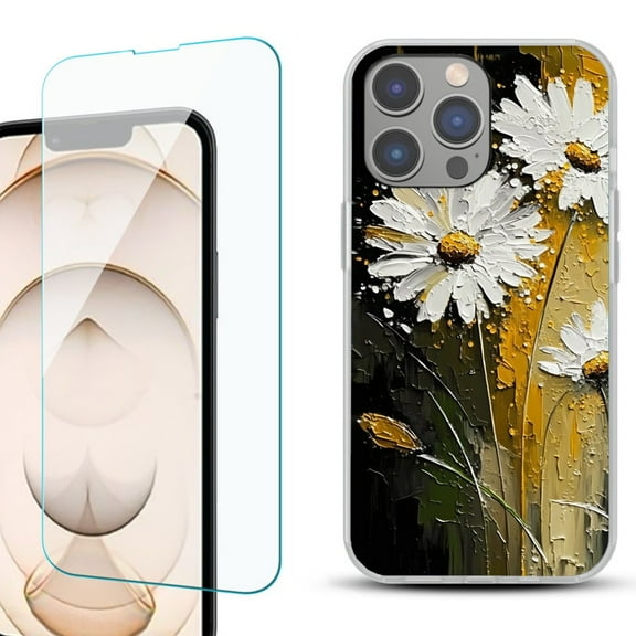 OneToughShield ® for iPhone 15 Pro Max Shockproof Fashion Phone Case, with Tempered Glass Screen Protector - Abstract Daisy