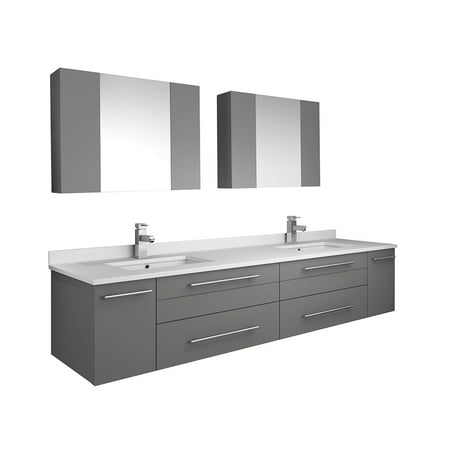 72 Gray Wall Hung Double Undermount Sink Bathroom Vanity W