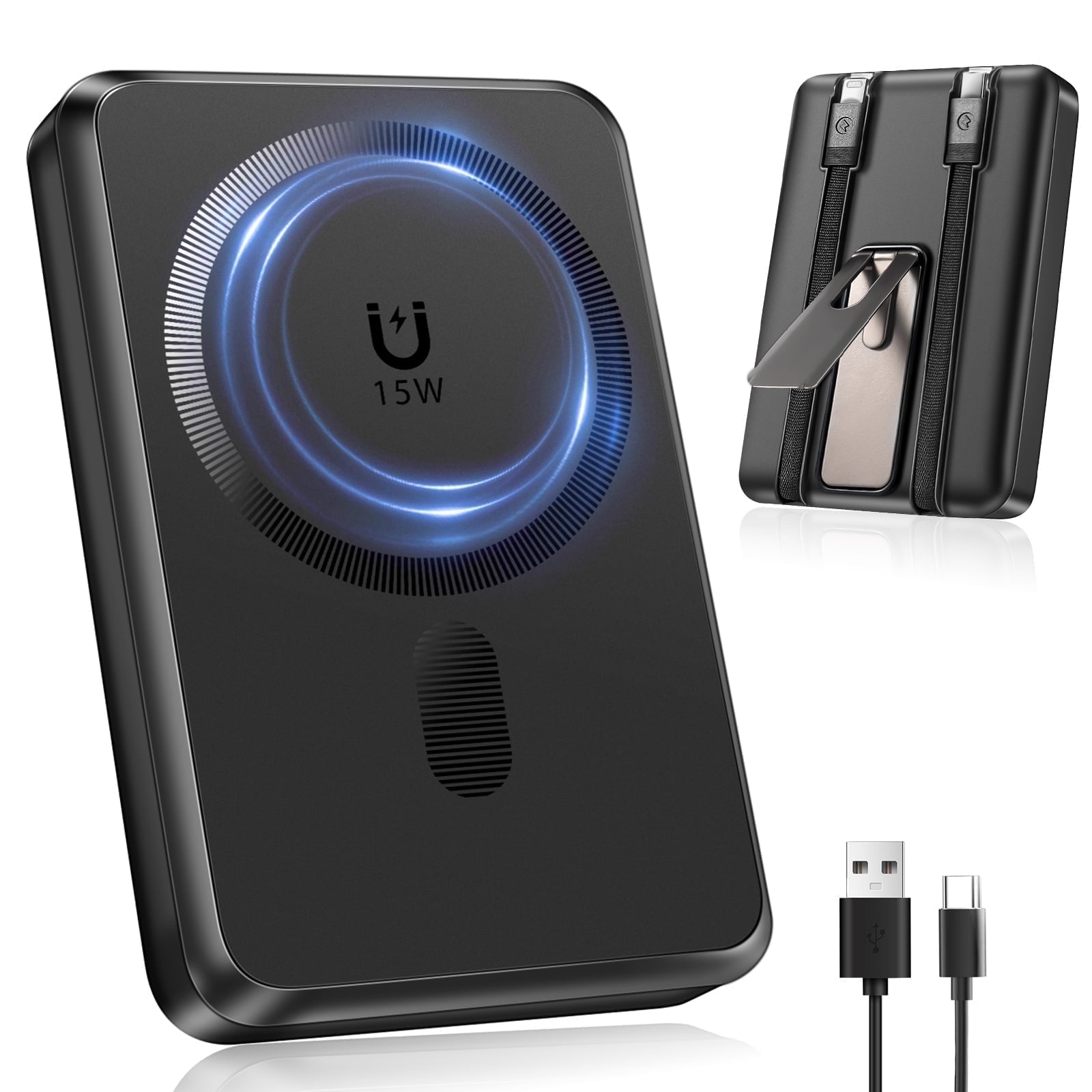 Yelomin Magnetic Wireless Portable Charger, 10000mAh Power Bank with Built in 2 Cables, Foldable Stand,22.5W Fast Charging Phone Charger Compatible with iPhone 17/16 Series, Samsung, Android, Black