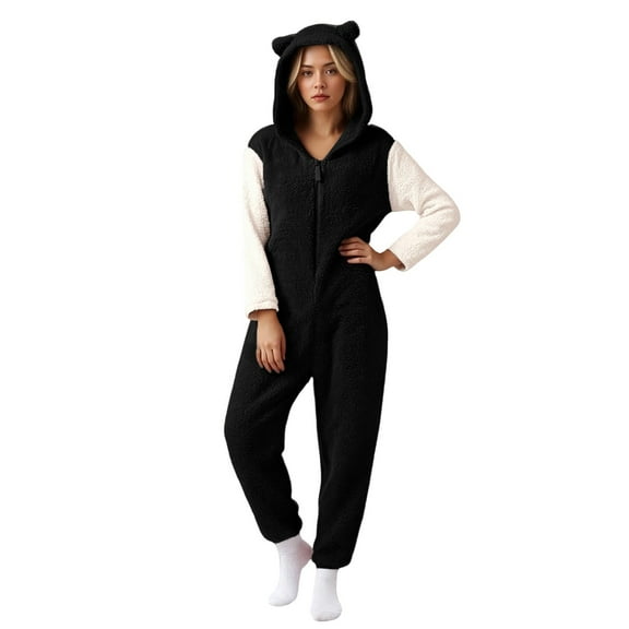 NAFUU Onesie Pajamas for Women One-Piece Sleepwear Jumpsuit Color Block Zipper Hooded Jumpsuit Romper Casual Fuzzy Onesie Pajamas Warm Loungewear Xmas Pjs Sleepwear