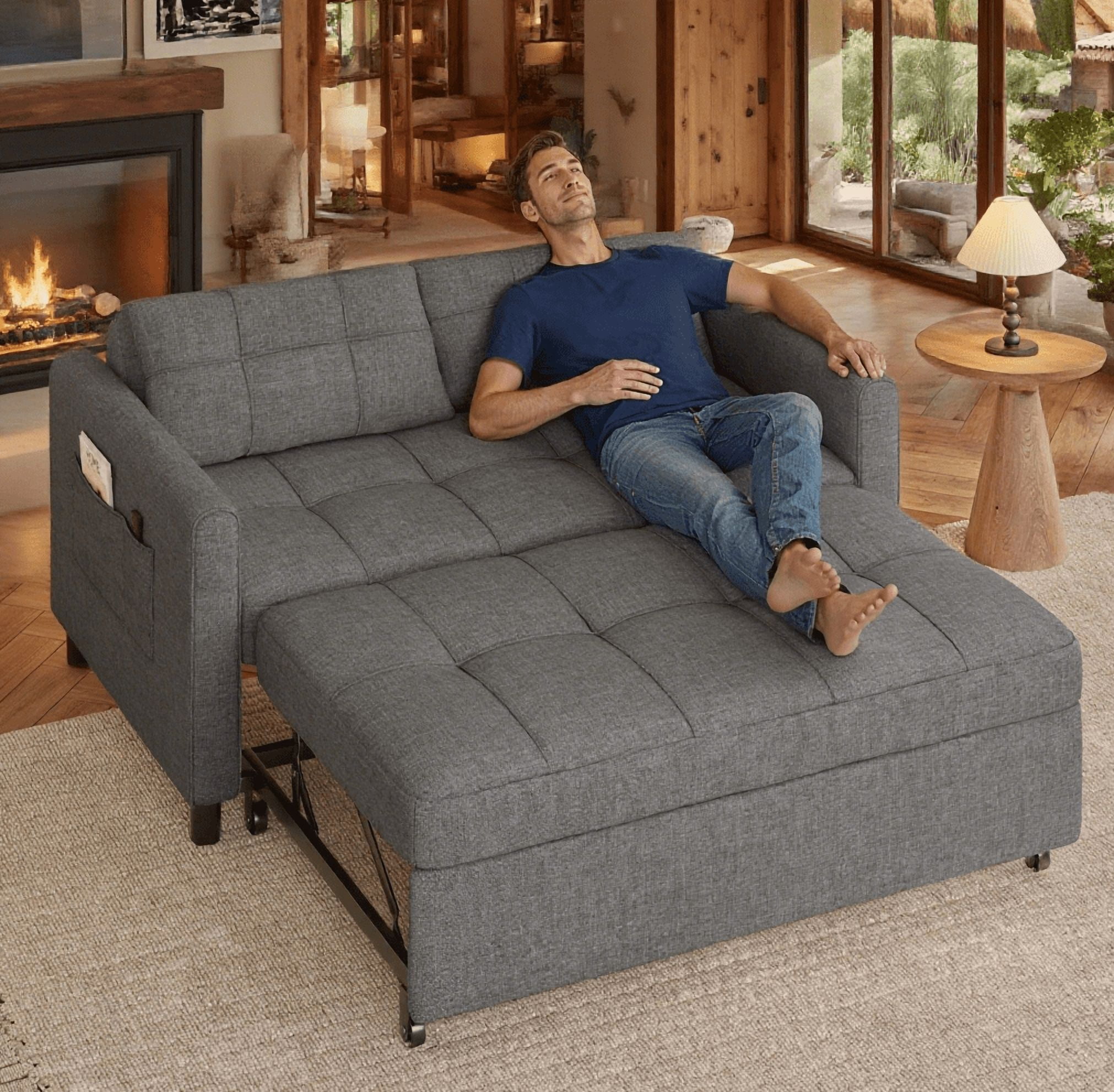 Full Size Sofa Bed, 3 in 1 Convertible Sleeper Sofa, 45" Futon Couches with Side Pocket & Adjustable Backrest, Linen Fabric Pull Out Couch, Dark Grey Loveseat
