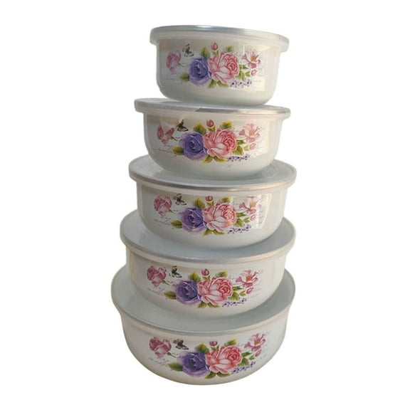 Fiocias 5 Pieces Mixing Bowl Set Food Storage Container Multipurpose Enamel Covered Bowl Rose