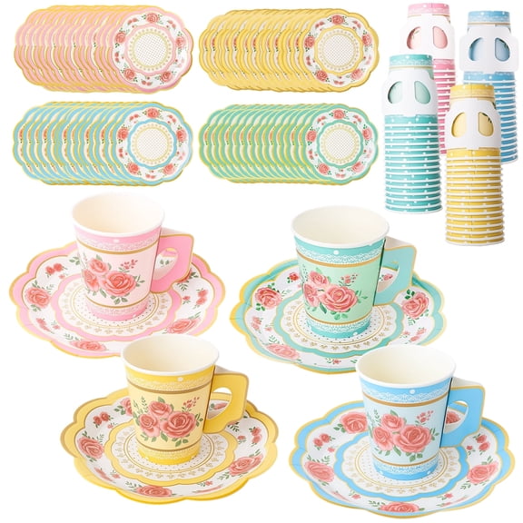 sixwipe 120 Pcs Disposable Paper Tea Cups and Saucers, 4 Style Floral Tea Party Supplies, 9 oz Cups and Plates with Handle for Birthday, Princess, Floral, Mother's Day, Tea Party Decorations