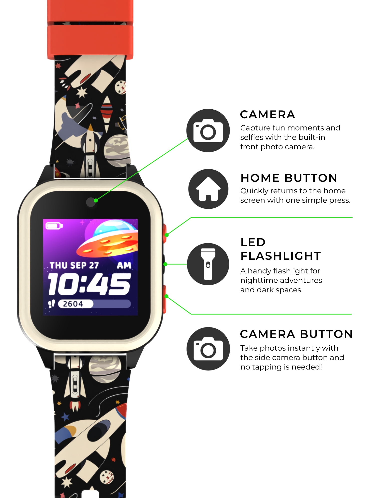 iTech Jr. 4 Kids Boys' Smartwatch with Camera, Audiobooks, and Games – Gray Case with Black Space Pattern Strap