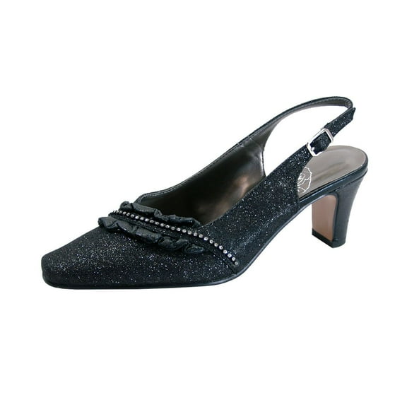 FLORAL Bloom Women Wide Width Falbala Trim With Rhinestone Slingback Shoes BLACK 5