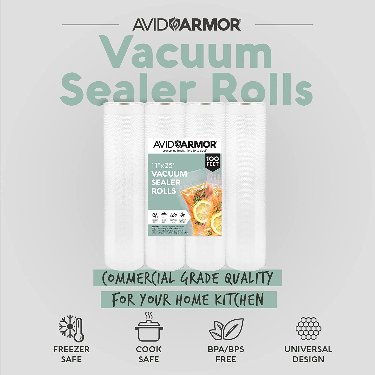 Avid Armor 11"x25' Vacuum Sealer Rolls, 4 Rolls, BPA-Free Food Saver Bags for Food Storage