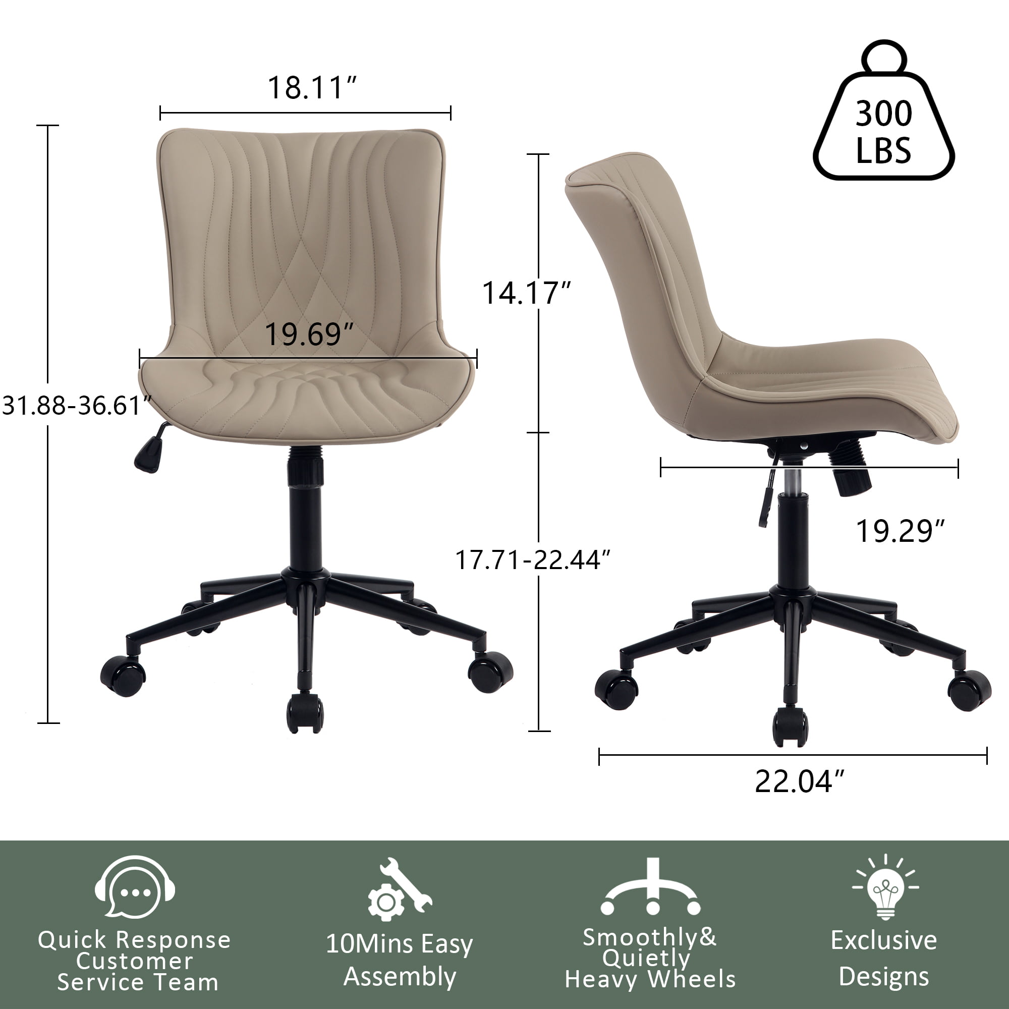 YOUNIKE Office Chair, Armless Desk Chair with Wheels, Home Office Computer  Task Chairs, Modern Faux Leather Padded Vanity Chair, Ergonomic Adjustable