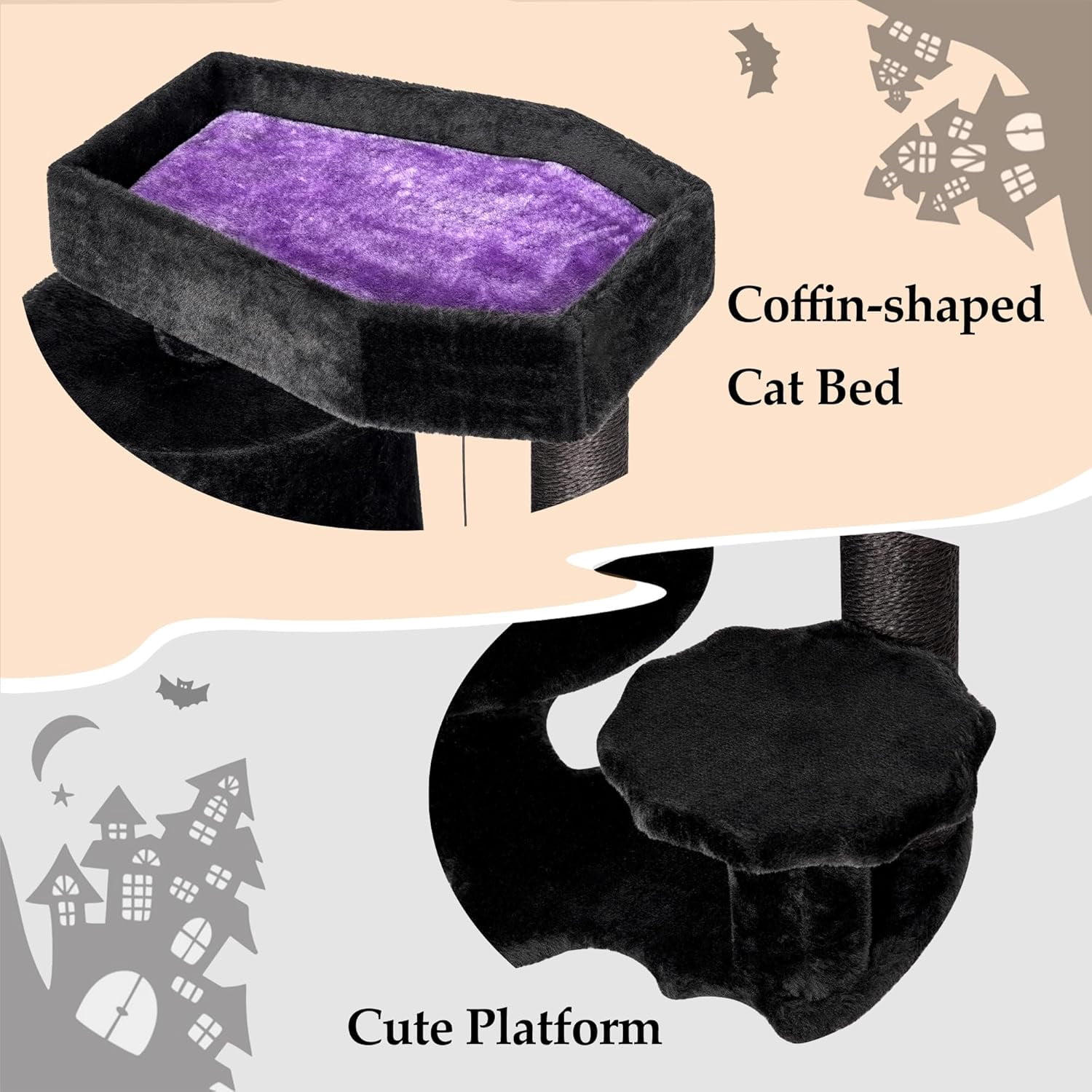 Gothic  Tree with Coffin Bed and Scratching Posts, Black and Violet Small Tower for Kittens