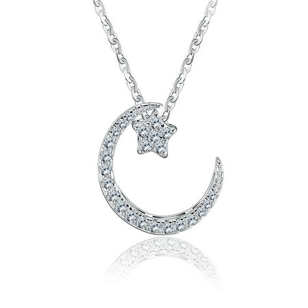 - Ginger Lyne Collection Moon and Star Sterling Silver Clear CZ Pendant Necklace Water Waves chain