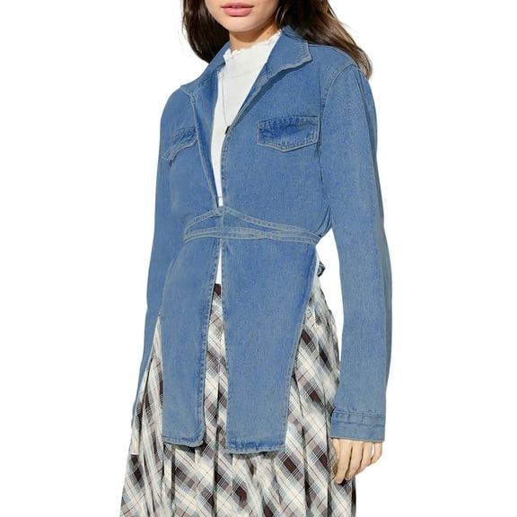 Female'S Fashion Lace Up Denim Jacket Long Sleeve Open Front Vintage Short Jean Coat Casual Streetwear Dark Blue XXL