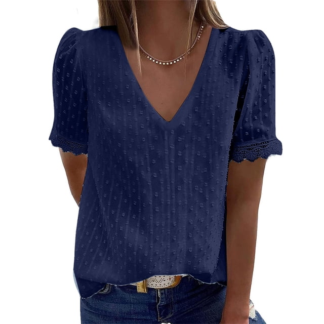 Dealovy Womens Tunic Tops Summer Casual V Neck Textured Solid Color Loose Fitted Fashion T-Shirts