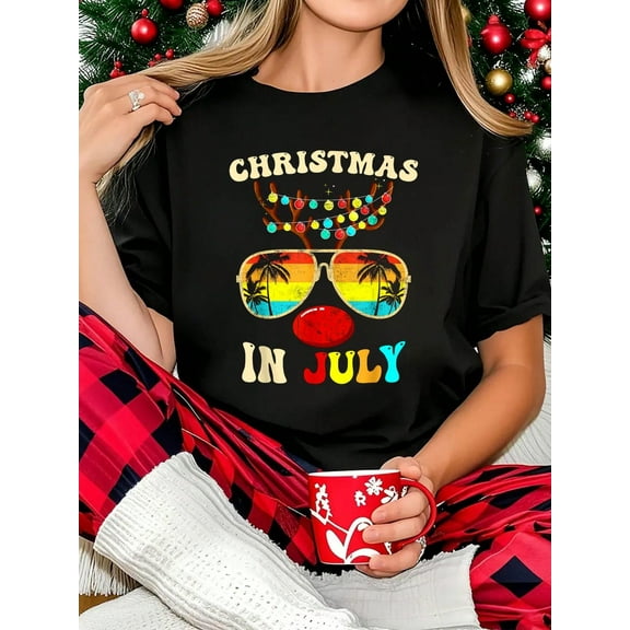 100% Cotton Women T-Shirt Christmas In July Santa Hat Sunglasses Summer Vacation T-Shirt