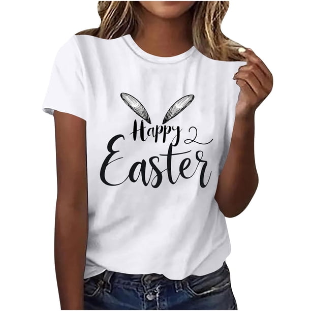 Mujeres de Manga Corta Tops Casual Nuevo Cuello Redondo Pascua, Ligera Camiseta de Poliéster Spandex