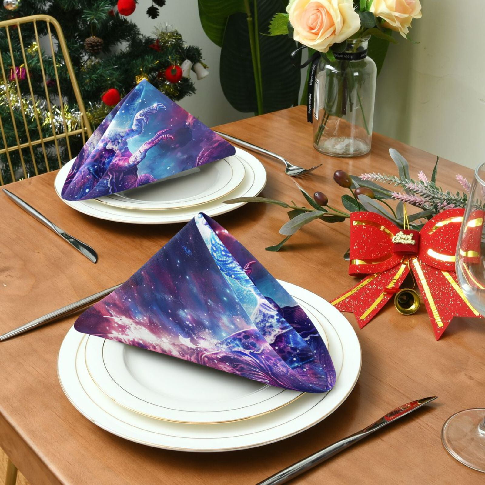 JSTEL Dinosaur T-rex Dino Nebula Cloth Napkins Set of 6, 20x20 Inch Washable and Reusable Napkin for Decoupage Dinner Party Everyday Use