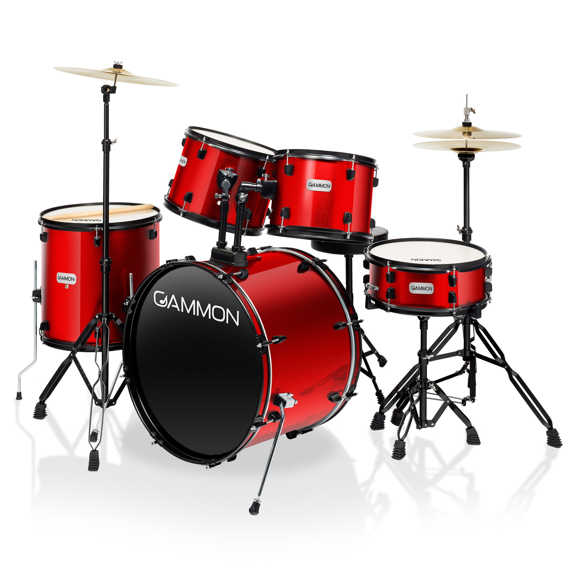 Gammon Percussion 5pc Adult Drum Set - Full Size Beginner Kit w/ Stool & Stands - Red