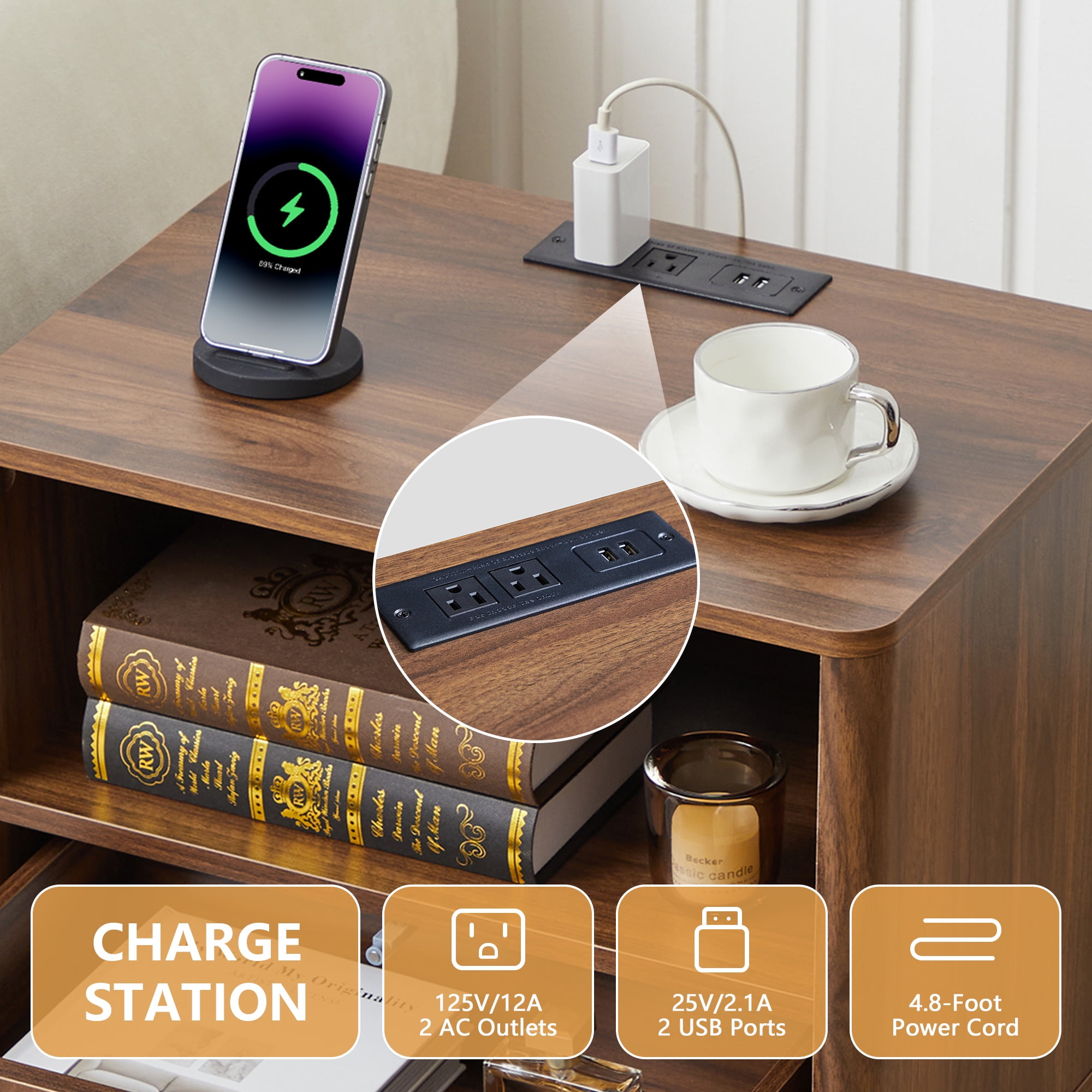 Wirrytor Set of 2 Modern Nightstands with Charging Station, Fluted Bedside Tables with Storage Drawers and Open Shelf for Bedroom and Living Room, Brown