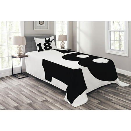 18th Birthday Bedspread Set, Cartoon Soccer Jersey Seem Bold 18 Number Party Sports Playing Art Print, Decorative Quilted Coverlet Set with Pillow Shams Included, Black and White, by