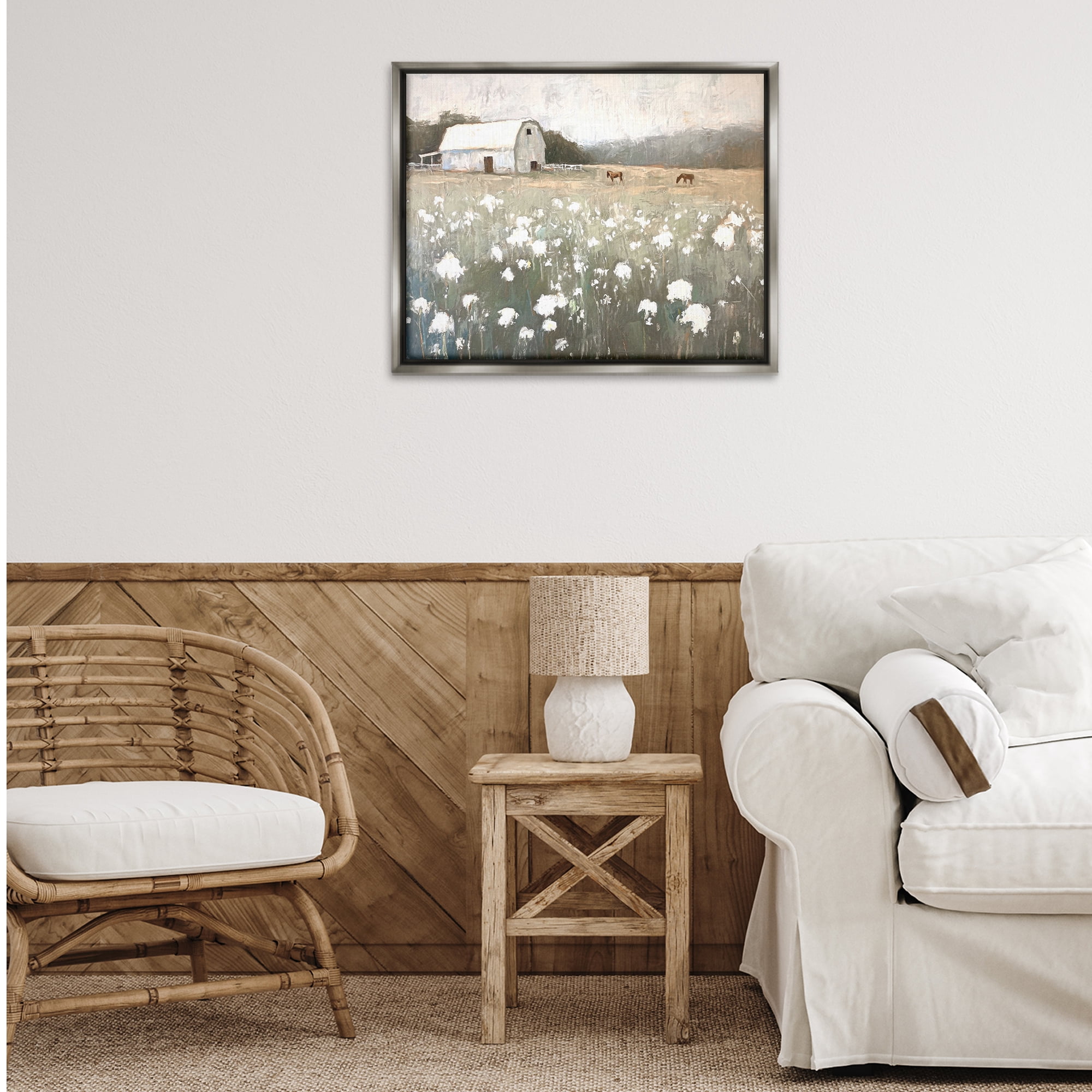 Stupell Industries Peaceful Horse Pasture Landscape Painting Gray Floater Framed Canvas Art Print Wall Art, 31 x 25