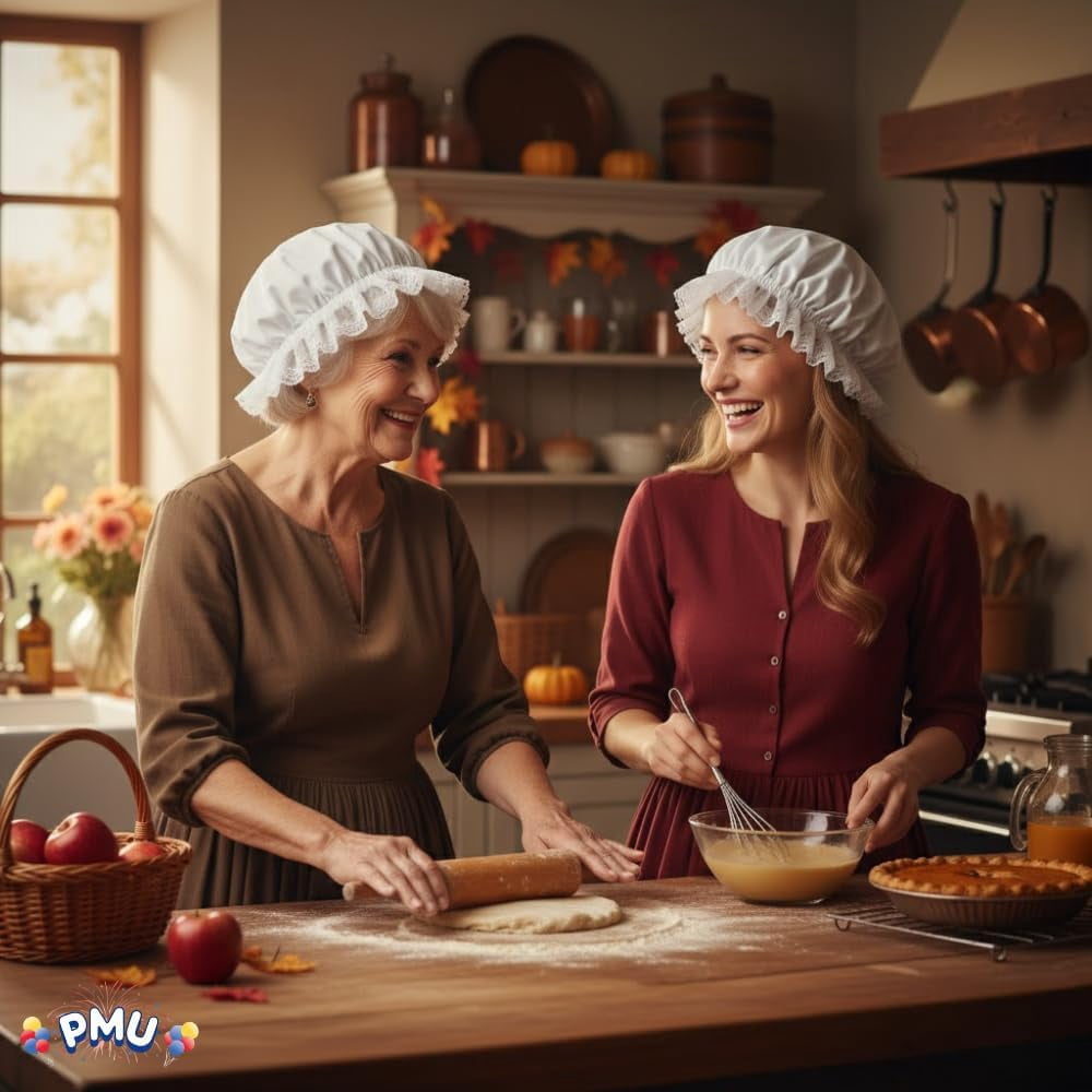 PMU Thanksgiving Colonial Mob Hat, White Bonnet Cap Pack of 1