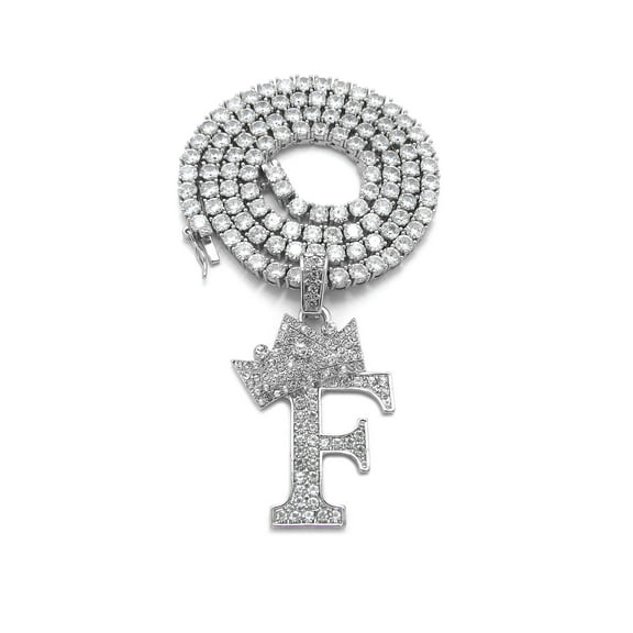 iJewelry2 Kings and Queens Crowned Initial Letter F Pendant Silver-tone CZ Tennis Chain Necklace 18''