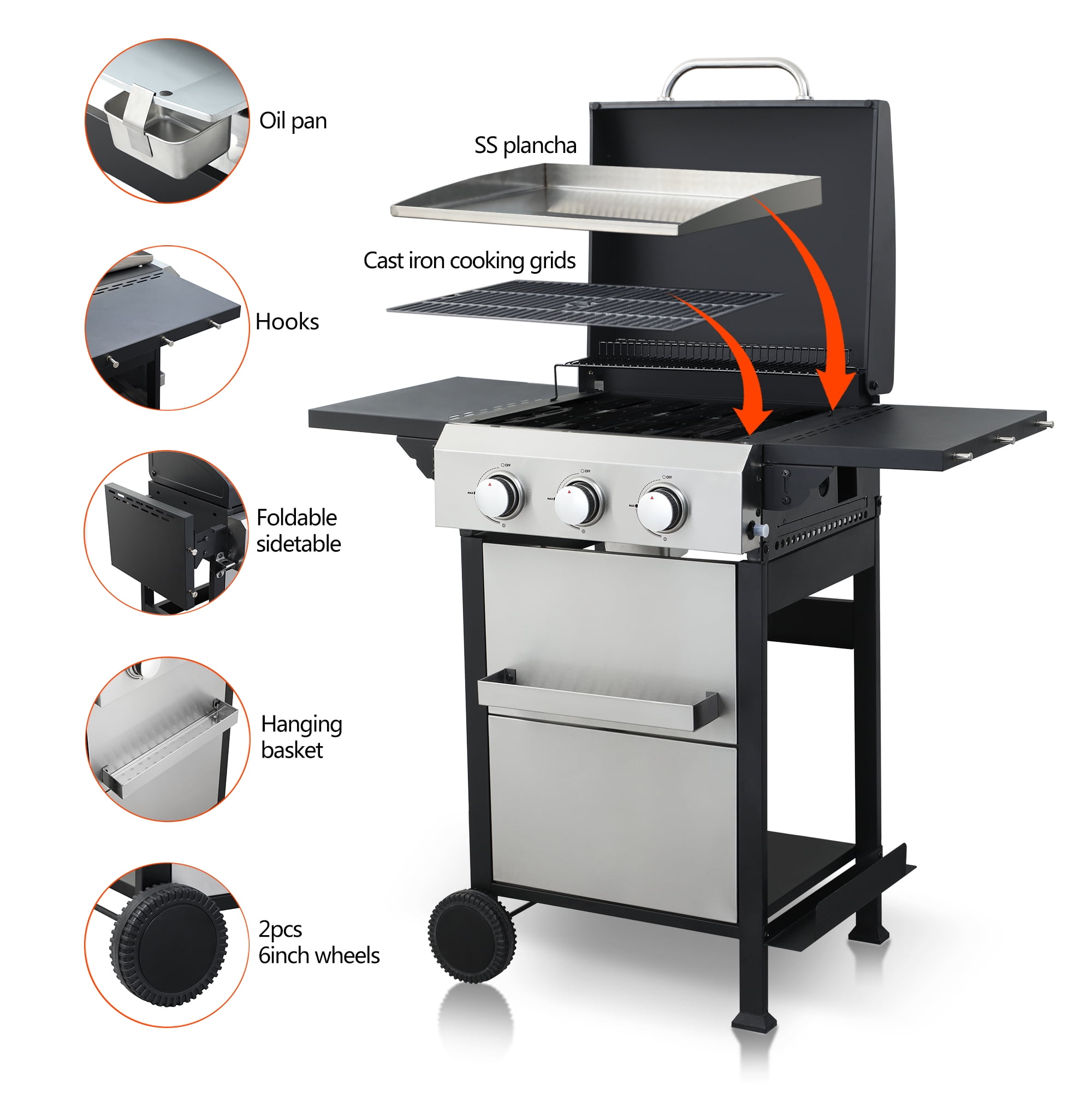Mintazer 3-Burner Propane Gas Grill with Foldable Side Tables, Stainless Steel 36900BTU BBQ Grill with Iron Cooking Grids, Hooks & Hanging Basket for Outdoor Barbecue