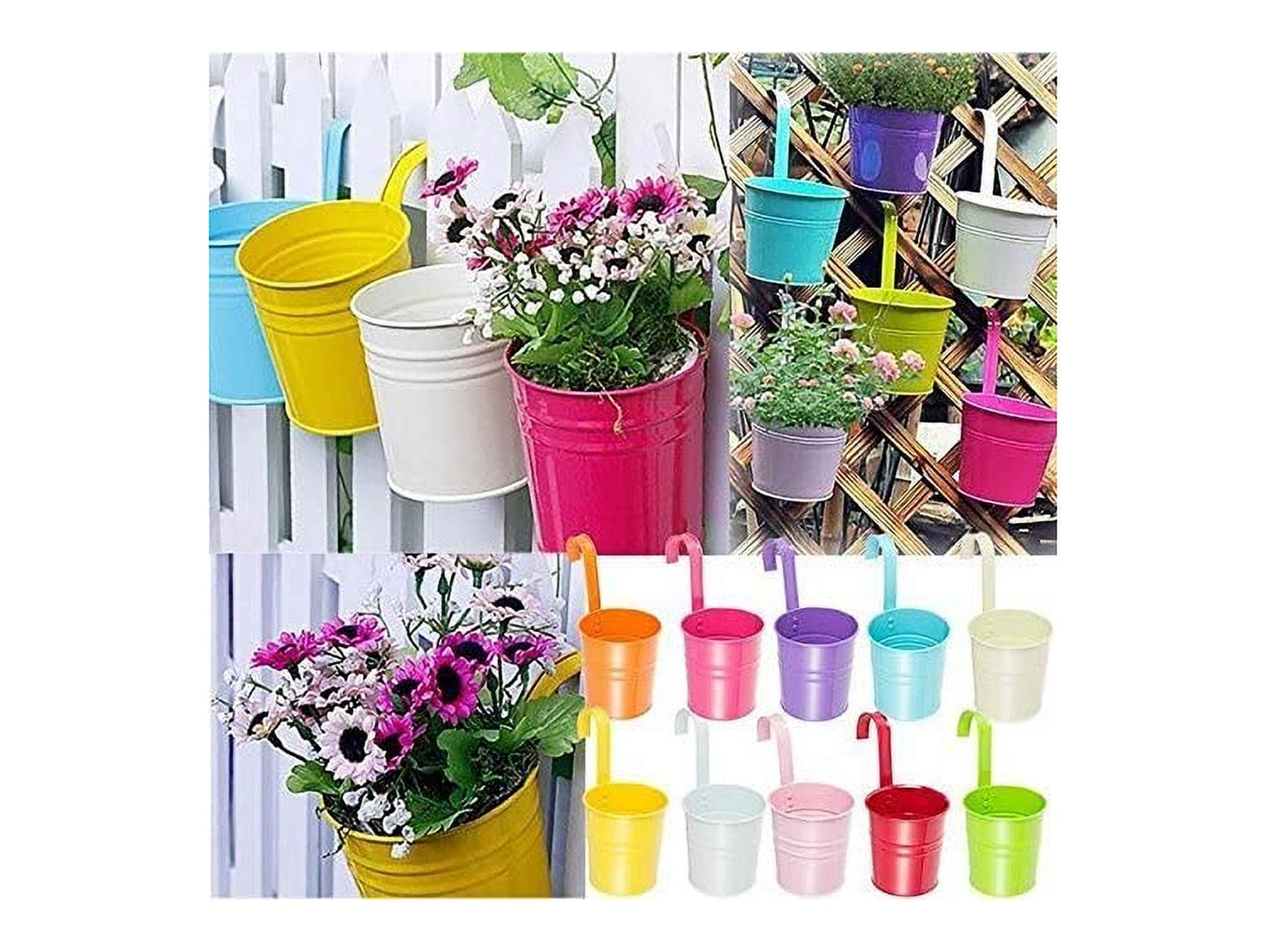 10 Pcs 10cm Metal Hanging Plant Pots with Detachable Hook, Colored Fence Flower Pots Garden Hanging Planter Bucket Flower holder for Balcony Fence Railing Garden Home Décor,Random Color
