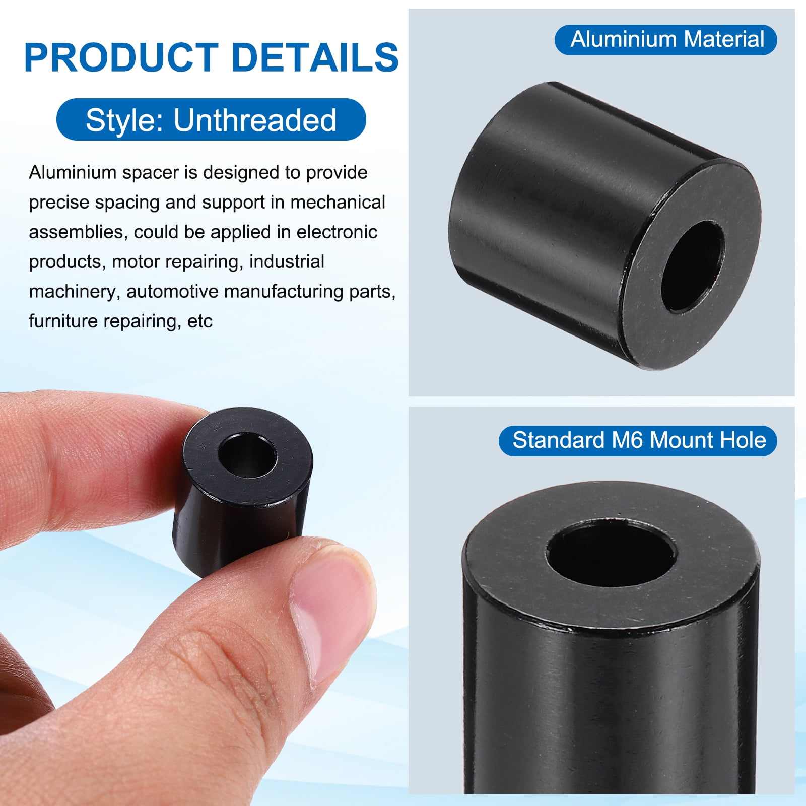 Uxcell 10pcs M6 Aluminium Spacers, 1/4" ID x 5/8" OD Round Standoff Spacer, Unthreaded Metal Spacers for 1/4" M6 Screws Bolts, Black 5/8" Length