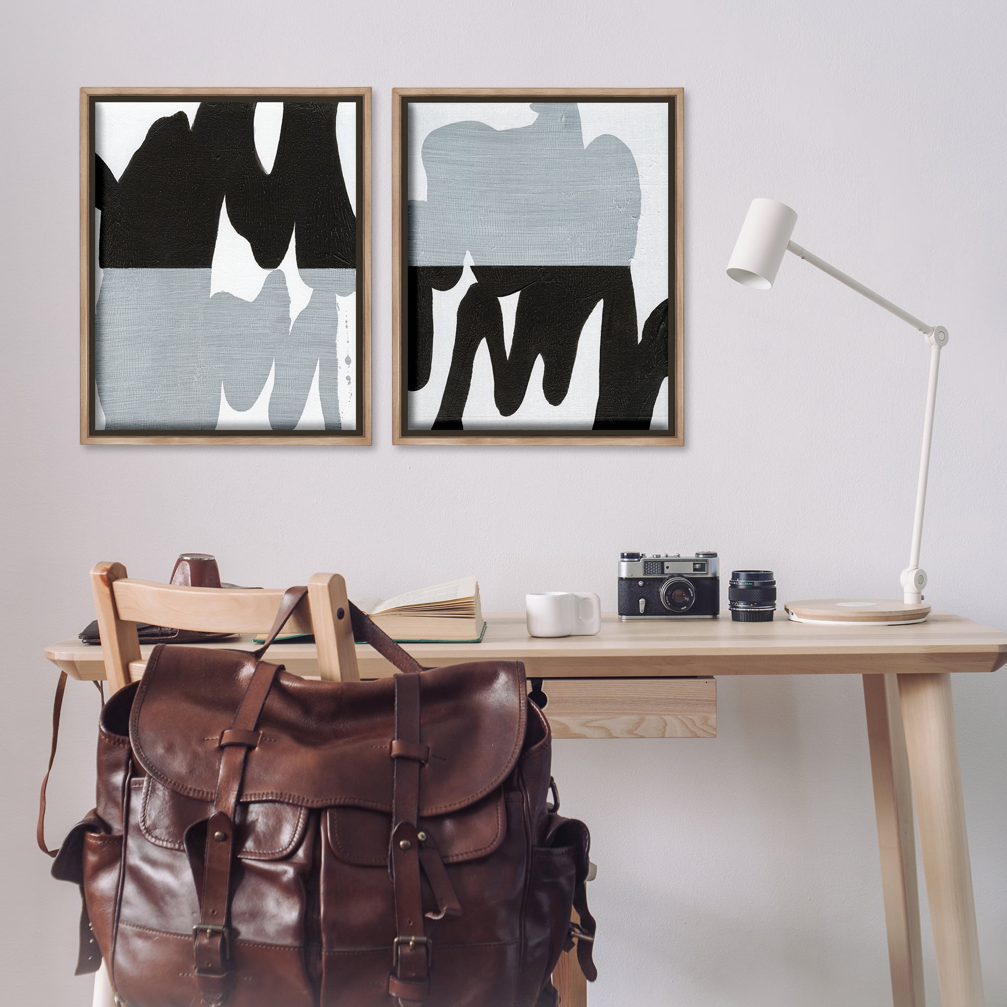 Stupell Industries Veiled Black and White Abstract Abstract Painting Brown Floater Framed Canvas Art Print Wall Art, 31 x 25, Set of 2