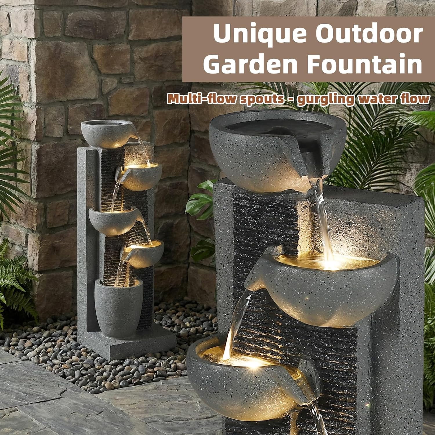 EPICOZY 23.3" Tall 5-Tier Cascading Bowl Outdoor Water Fountain, Modern Garden Waterfall Fountain with 4 LED Lights, Floor-Standing Resin Water Feature for Patio, Yard, Deck, House, Home Décor