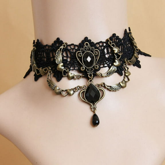 Anvazise Faux Gem Black Lace Ring Bracelet Women Gothic Punk Style Necklace Bracelet Jewelry Accessory Necklace