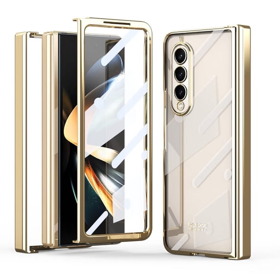 MonsDirect for 7.6 inch Samsung Galaxy Z Fold 4 5G 2022 Case, Clear Plating Frame Hard PC Back Shell With Screen Protector, Slim Anti-Drop Free Folding Hinge Protection for Galaxy Z Fold 4, Gold