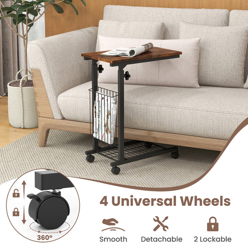 Finihen End Side Table, C-shape Sofa Side Table with Storage Basket, Sofa Side Table, Bed Side Table, for Living Room, Bedroom, Rustic Brown