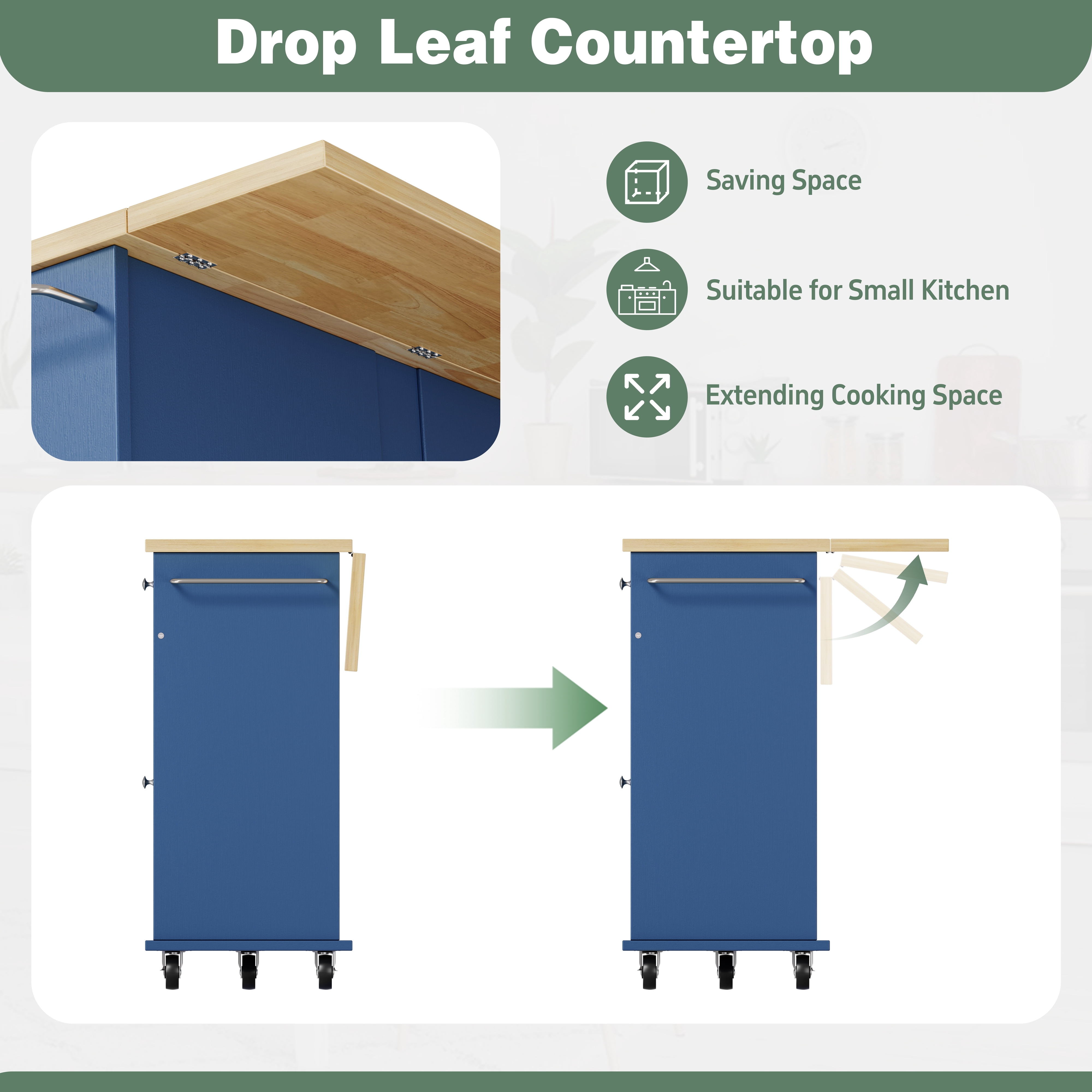 Walsunny Kitchen Islands Carts with Drop Leaf Table 2 Drawers 5 Wheels 4 Magnetic Doors Rolling Storage Cabinet Blue