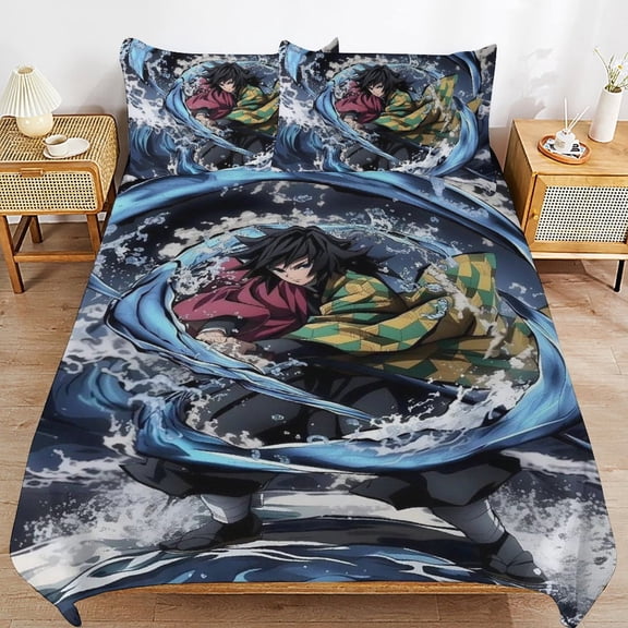 3 Piece Comfortable Bedding Set Demon Slayer Tomioka Giyuu Duvet Cover Twin Bed with 2 Pillowcase 86"x70"