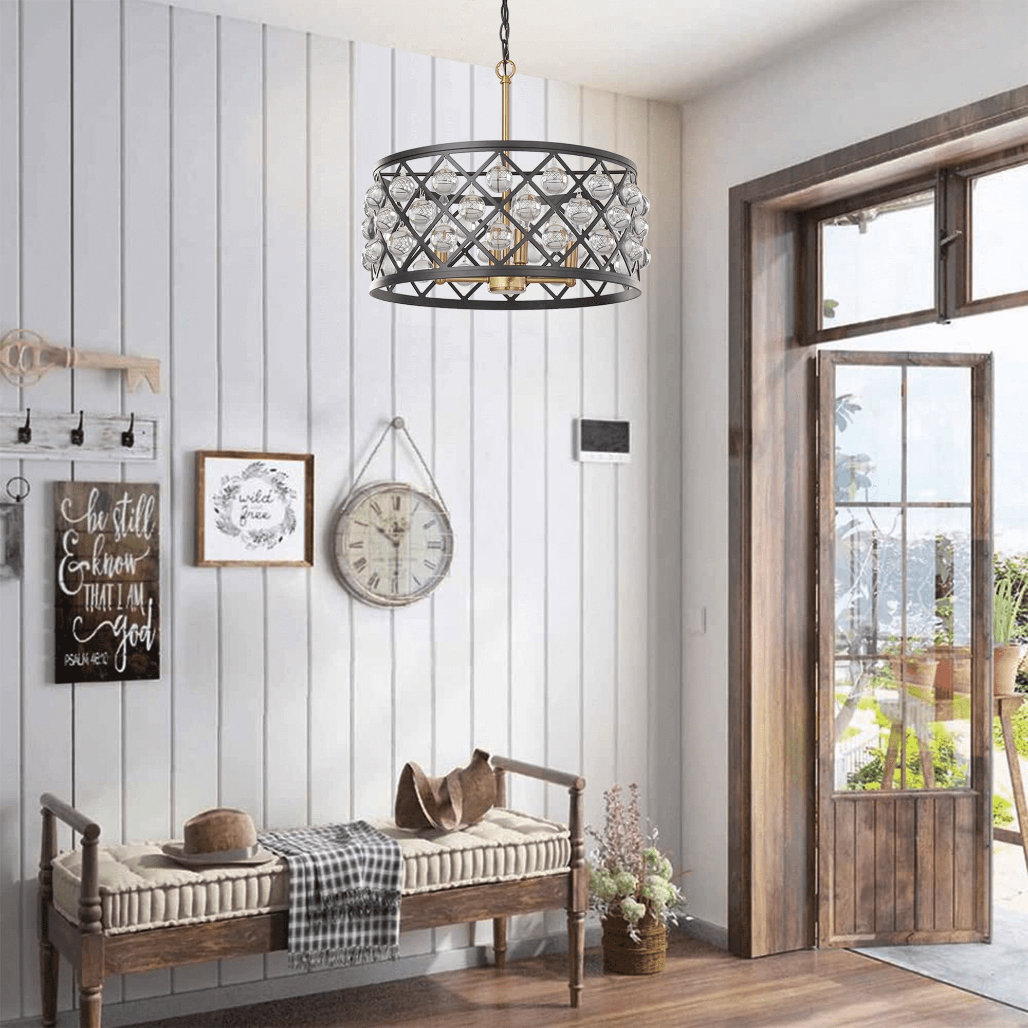 Karmiqi Crystal Chandelier, 17.8" 4-Lights Modern Farmhouse Chandelier with Adjustable Chain, Black Industrial Crystal Pendant Light Fixtures for Kitchen Island Dining Room Entryway Bedroom