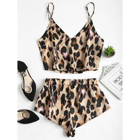 Women Sexy Spaghetti Strap Tank Shorts Leopard Print Lace Sleepwear