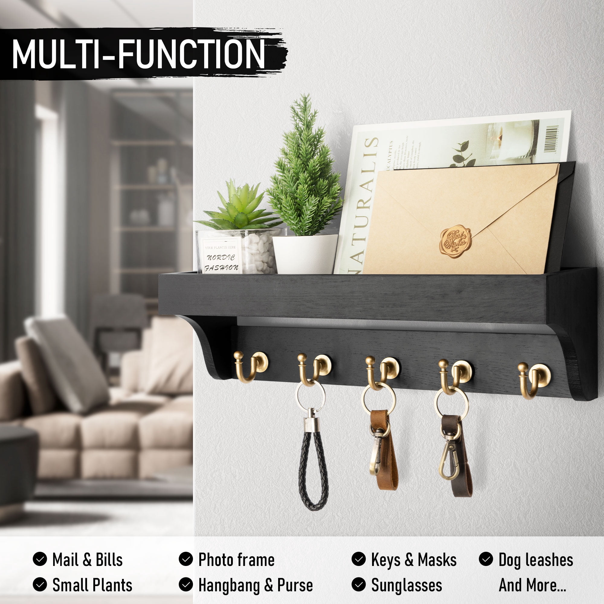 Rebee Vision Decorative Key Holder Wall Mount with Shelf - Modern Hanging Mail Organizer with 5 Hooks (Black)