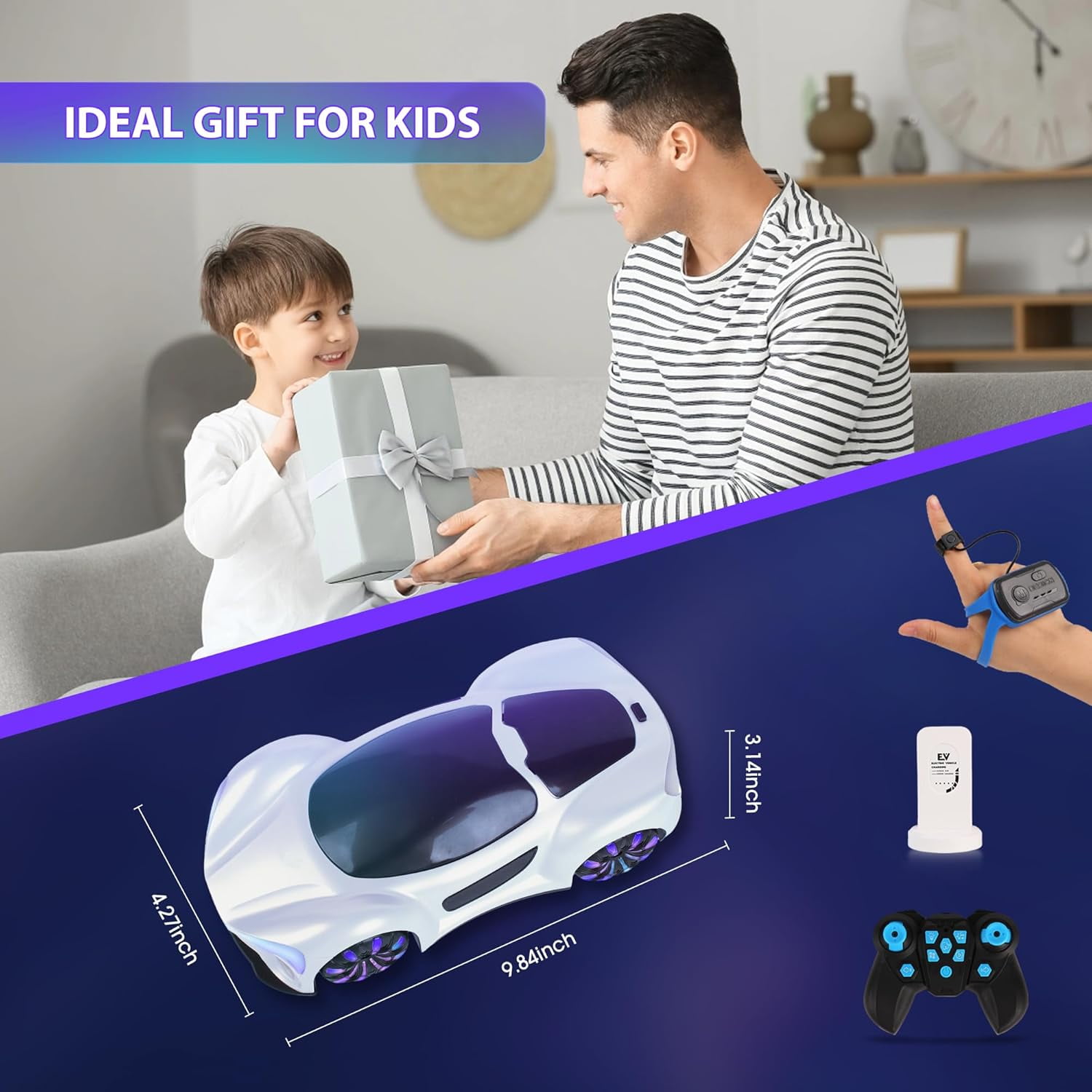 Funtogether Toys RC Drift Car with Gesture Sensor, 360° Spin Stunt Car with Spray, Lights & Music, Type-C Charging, Remote Control Toy Gift for Boys Ages 6–12