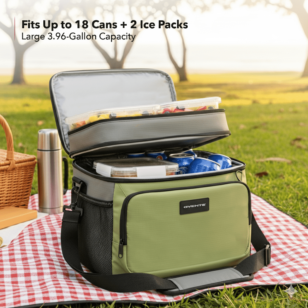 OVENTE Collapsible Soft Cooler Bag, Insulated Lunch Bag with Double-Deck Leakproof Compartments, Waterproof Exterior, Portable for Work, Travel, Beach, Camping and Road Trips, Green CCBI024GG