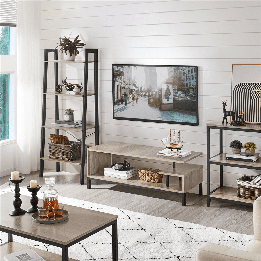 Fullfurnique Freestanding TV Table with Metal Supports and Storage Shelf, Gray