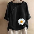 thumbnail image 2 of DeHolifer Women Cotton Linen Top Crewneck Button Daisy Printed Short Sleeve Casual T Shirt Ladies Summer Fashion Blouse Top Black L, 2 of 4