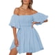 thumbnail image 1 of Gibobby Vestidos para Mujer Vestido de verano para mujer, manga farol, hombros descubiertos, minivestidos con volantes, línea A, vestido fluido(Azul,XL), 1 of 5