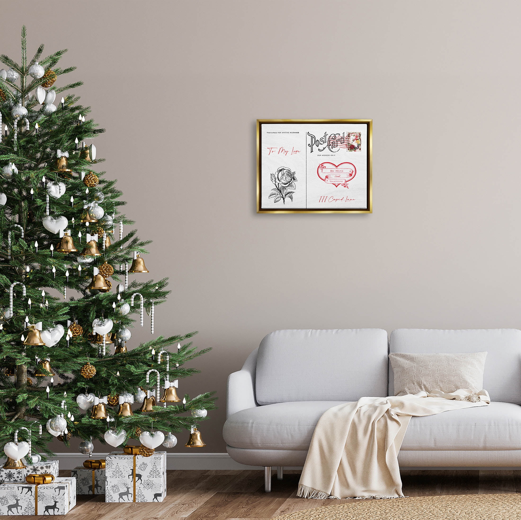 Stupell Industries To My Love Valentines Postcard Graphic Art Metallic Gold Floating Framed Canvas Print Wall Art, Design by Lil' Rue